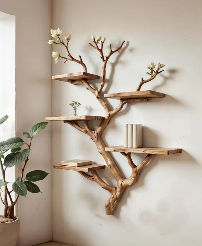 Natural Driftwood Tree Floating Wall Bookshelf Sculpture