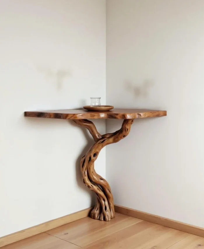 Driftwood Corner Entry Console Table With Branch Bookshelf Detail