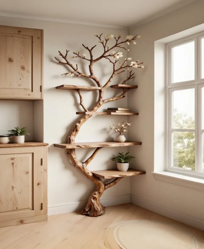 Corner Branch Form Floating Wall Book Shelf In Solid Wood