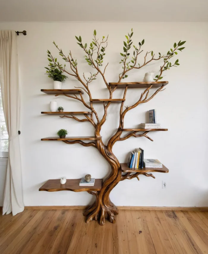 Wall Mounted Driftwood Tree Design Solid Wood Bookcase