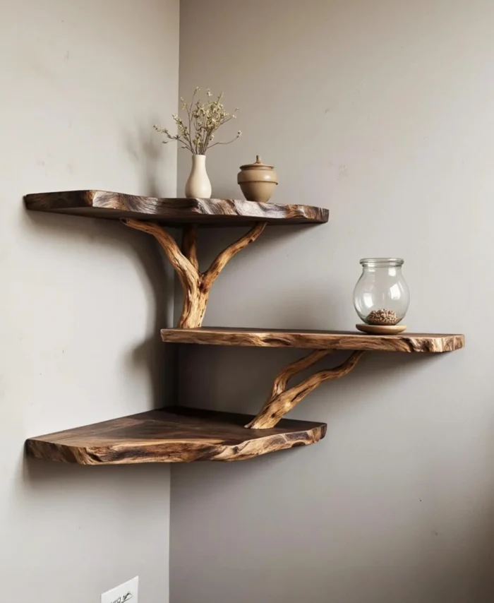 Corner Driftwood Floating Wall Shelf Unit In Solid Wood