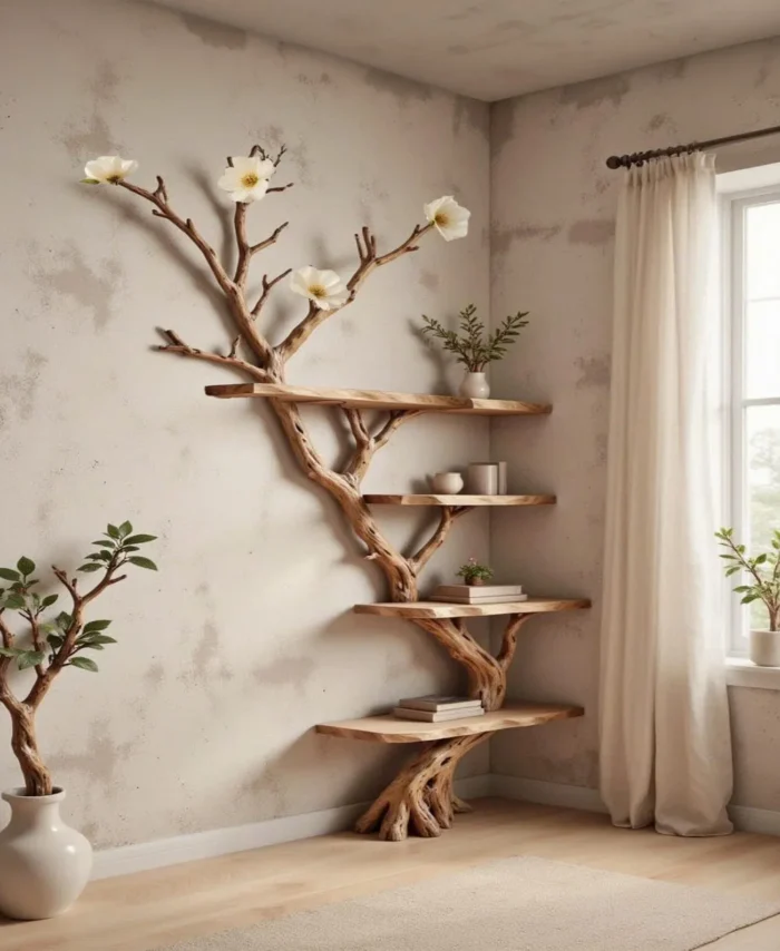 Floor To Wall Driftwood Corner Bookcase With Floating Shelf Detail