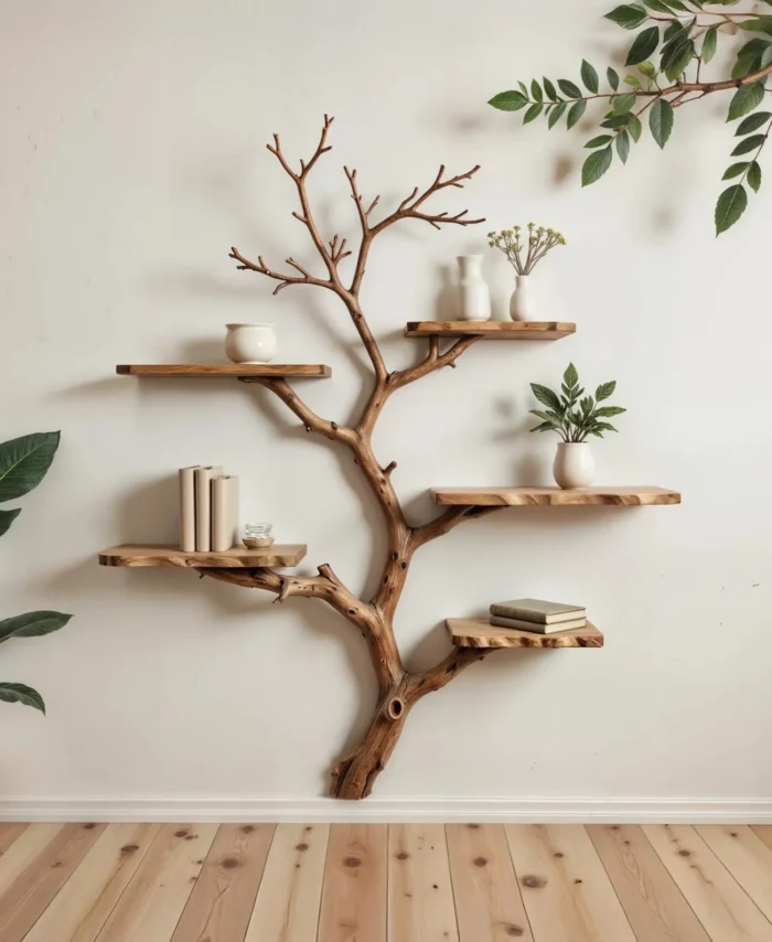 Driftwood Tree Art Wall Mounted Solid Wood Bookshelf