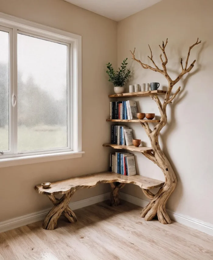 Carved Driftwood Corner Tree Bookcase In Solid Wood